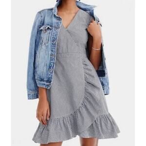 J. Crew Women's 8 Faux Wrap Ruffle Gingham Short Dress Navy White Cottagecore